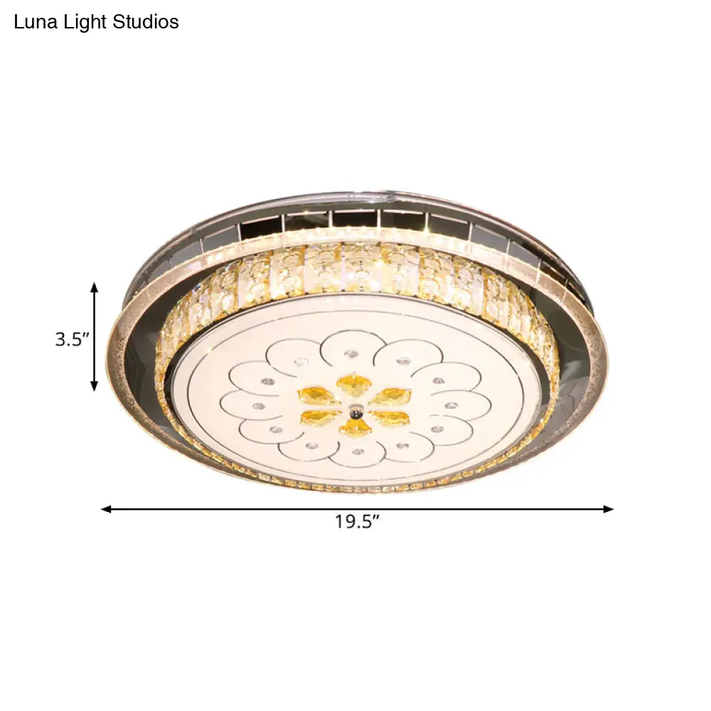 Modern Led Ceiling Lamp: Clear Crystal Circular Flushmount In Stainless-Steel