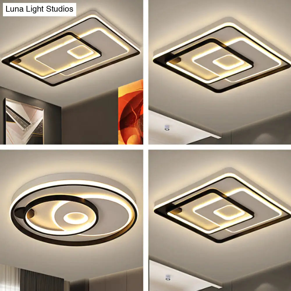 Modern Led Ceiling Light: Black Layered Round/Square/Rectangle Flush Mount With Acrylic Shade