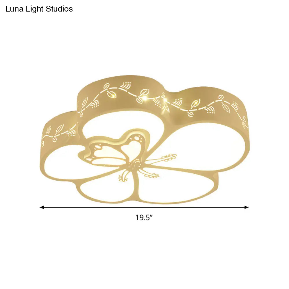 Modern Led Ceiling Light With Butterfly Metal Flush Mount For Girls Bedroom - White