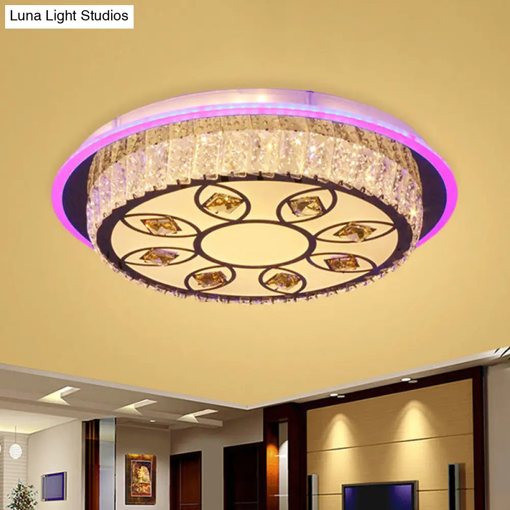 Modern Led Chrome Flushmount Light With Petal Pattern - Crystal Block Round Ceiling Lighting For