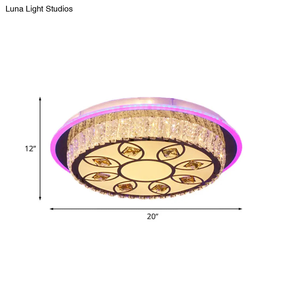 Modern Led Chrome Flushmount Light With Petal Pattern - Crystal Block Round Ceiling Lighting For