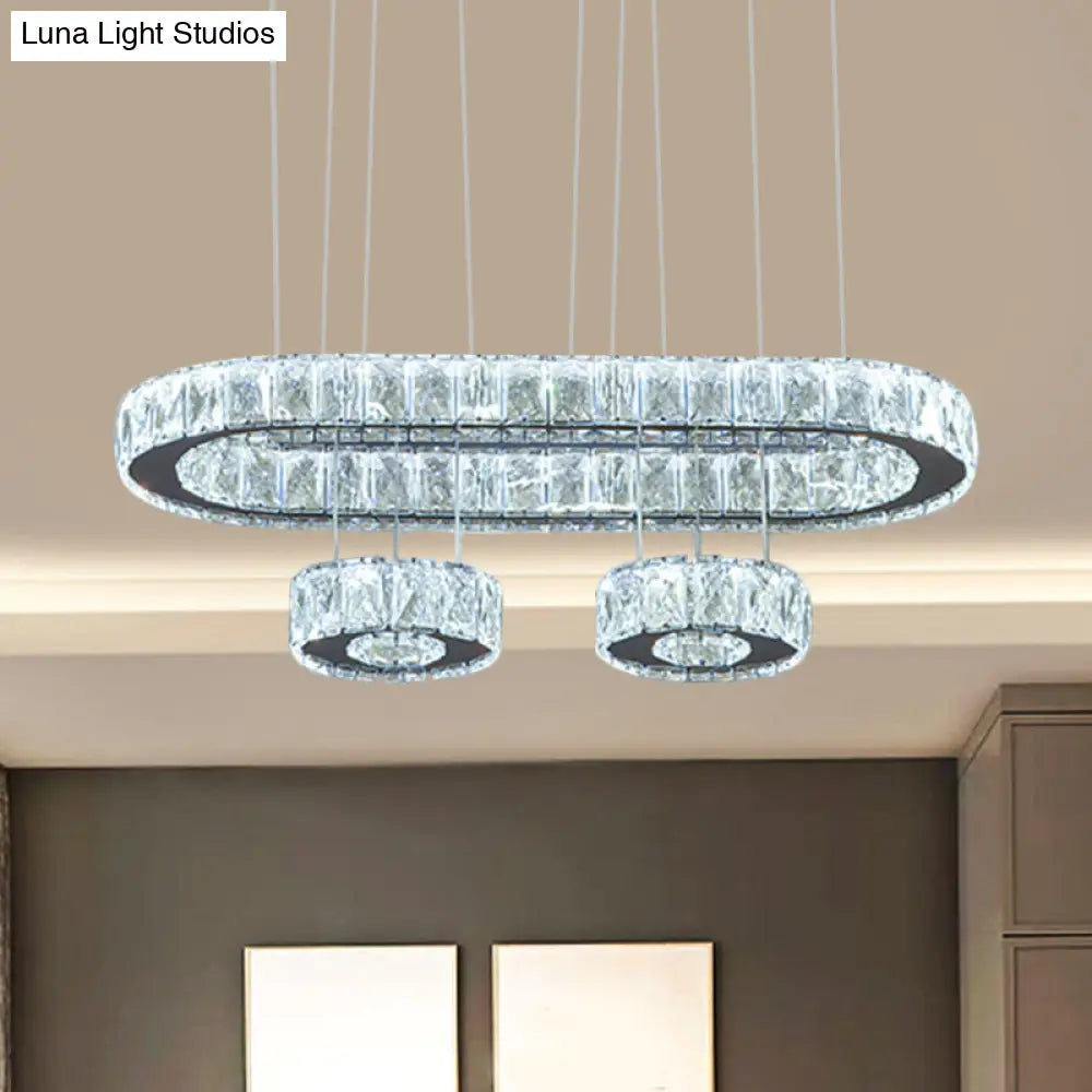 Modern Led Chrome Pendant Chandelier Light With Beveled Crystal Oval Design