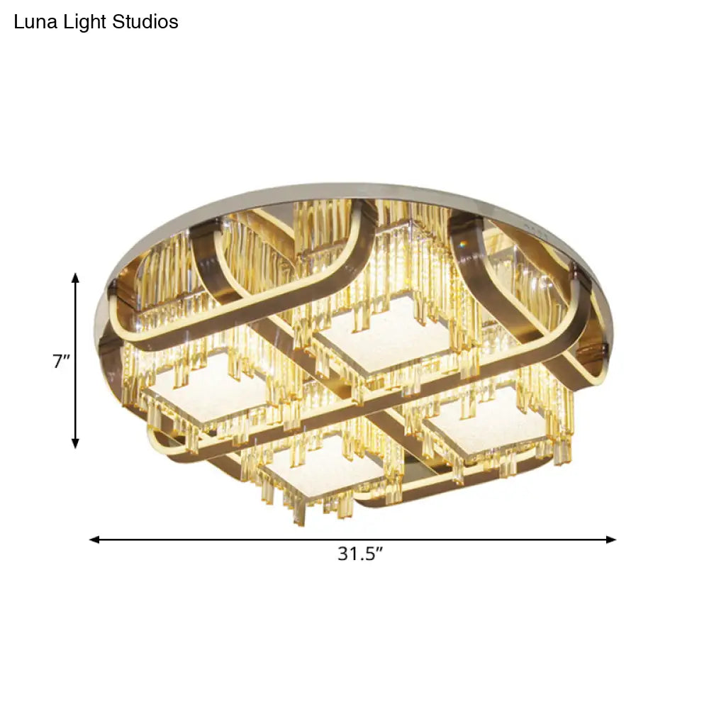 Modern Led Circle Flush Stainless - Steel Rectangular - Cut Crystal Ceiling Lamp With Cubic Shade