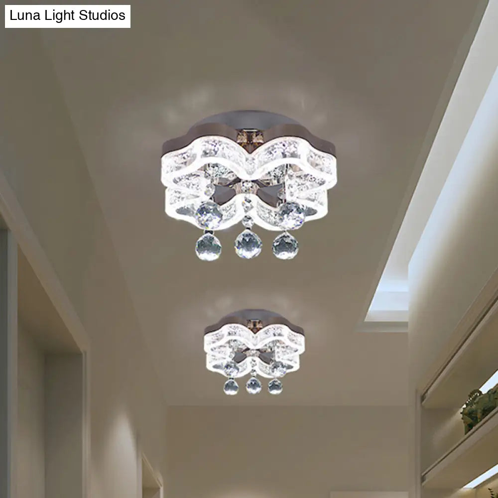 Modern Led Corridor Flush Mount Fixture With Chrome Ceiling Lighting And Floral Crystal Shade