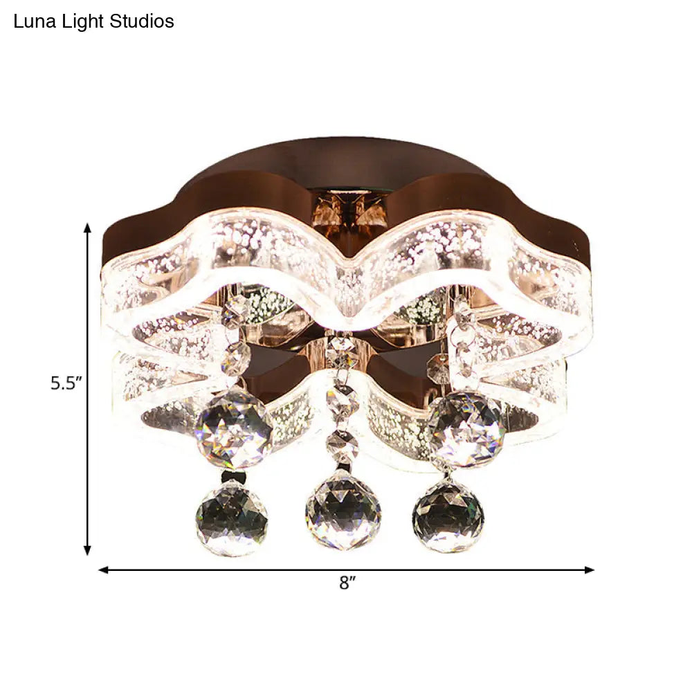 Modern Led Corridor Flush Mount Fixture With Chrome Ceiling Lighting And Floral Crystal Shade