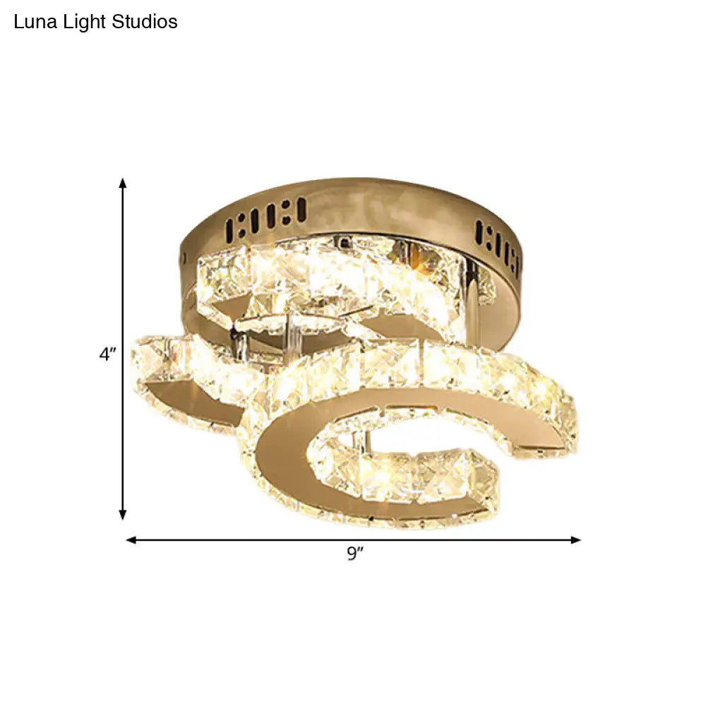 Modern Led Corridor Semi - Light Fixture In Stainless Steel With Clear Crystal Blocks - Ceiling