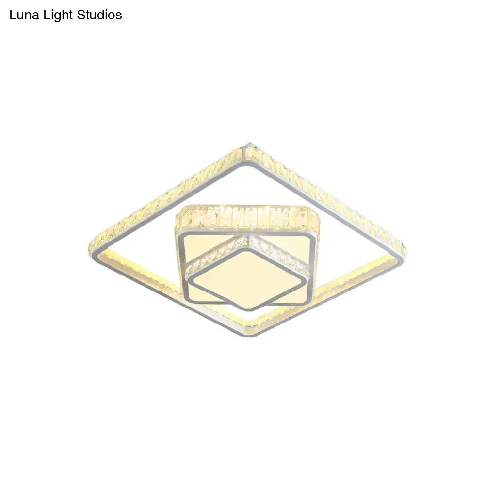 Modern Led Crystal Ceiling Light: Square Flush Mount Fixture In White For Bedroom