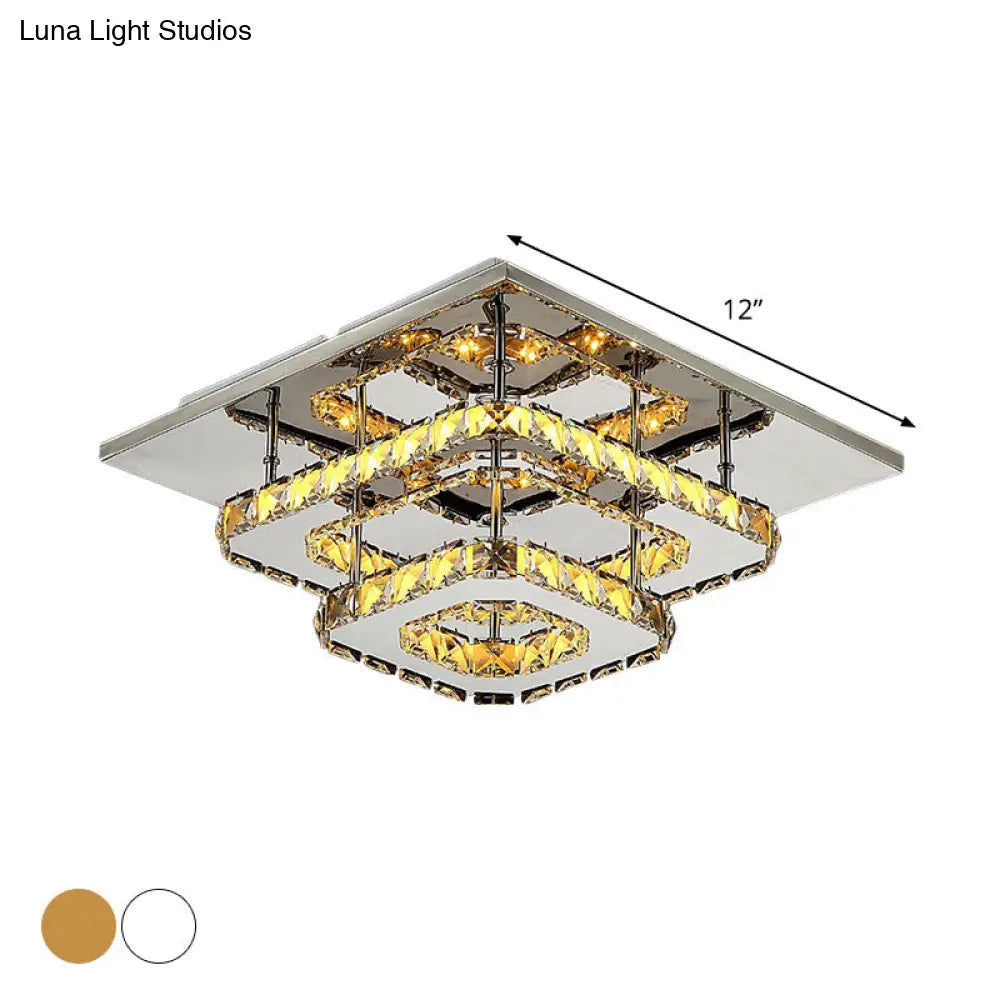 Modern Led Crystal Flush Mount Ceiling Light With Beveled Square Design For Corridor Chrome Finish