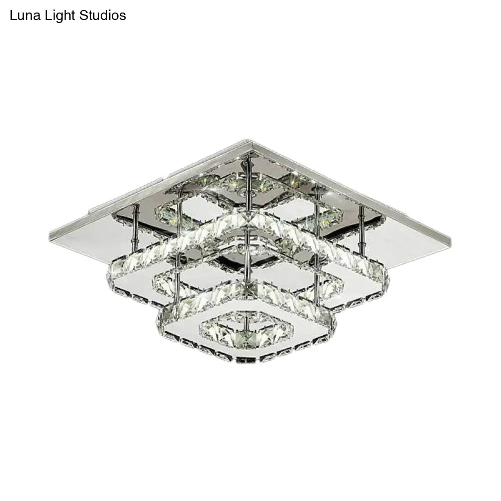 Modern Led Crystal Flush Mount Ceiling Light With Beveled Square Design For Corridor Chrome Finish