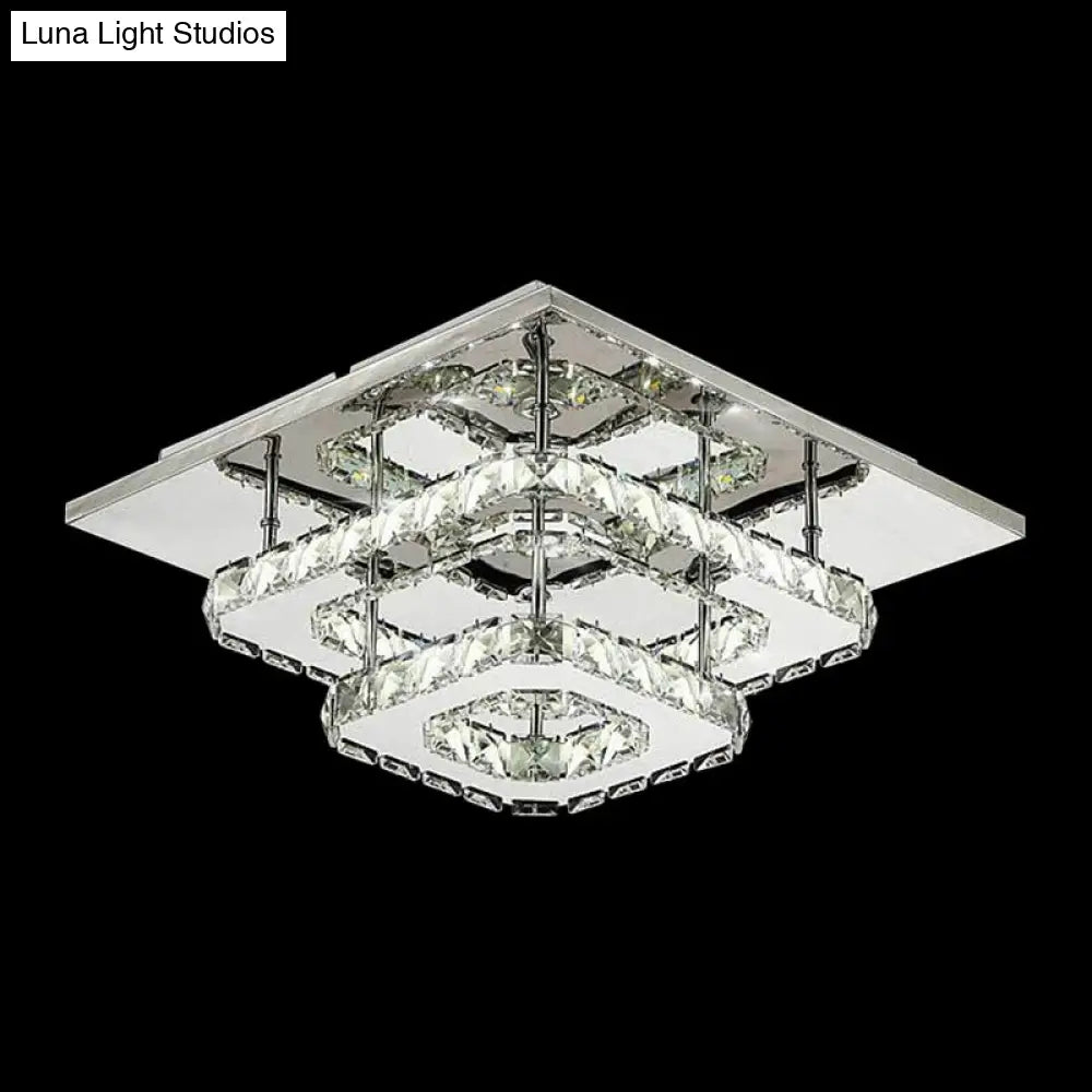 Modern Led Crystal Flush Mount Ceiling Light With Beveled Square Design For Corridor Chrome Finish