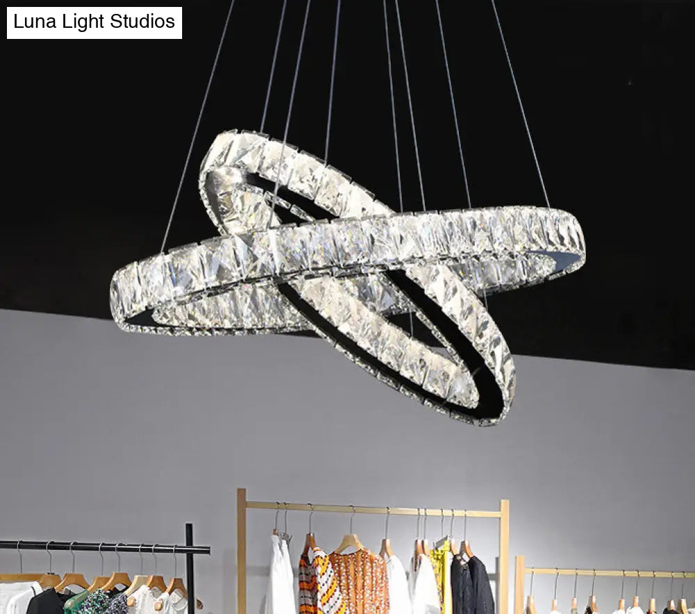 Modern Led Crystal Pendant Lamp: 2-Tier Circular Carousel Design Minimalistic Prismatic Ideal For
