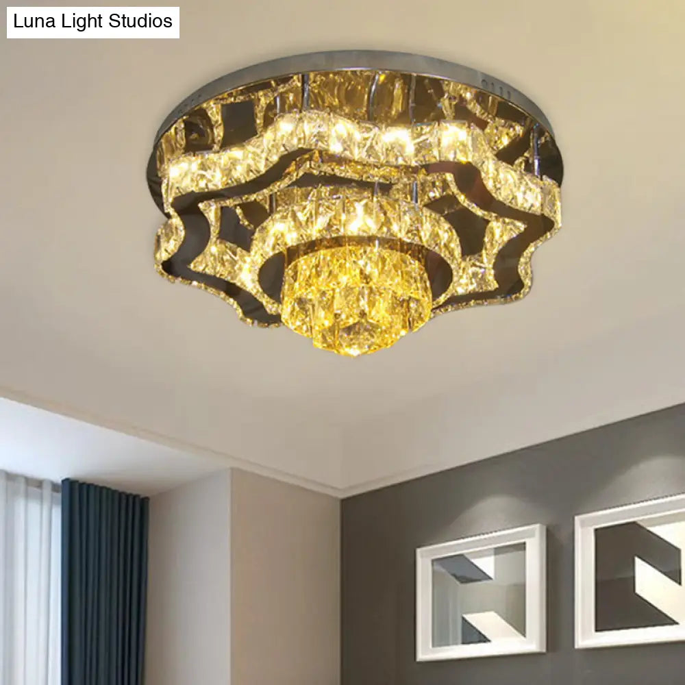 Modern Led Crystal Polished Chrome Semi Flush Ceiling Light With Tiered Scallops And