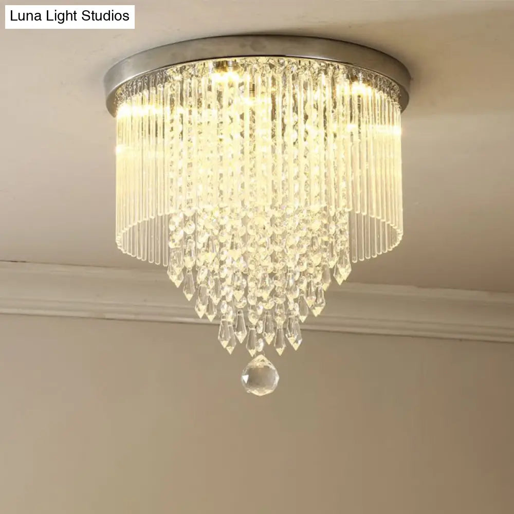 Modern Led Crystal Shade Chrome Flushmount Light 8’/19.5’ Wide Cylinder Ceiling Lamp