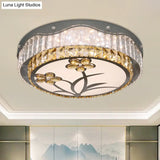 Modern Led Drum Ceiling Lamp With Chrome Finish & Rectangular-Cut Crystals For Bedchamber Lighting