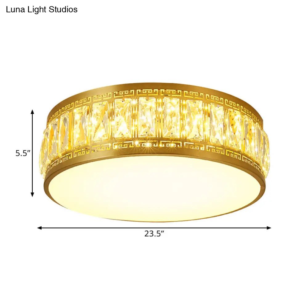 Modern Led Drum Flush Mount Lamp - Gold Finish Rectangular - Cut Crystals 19.5’/23.5’ Width