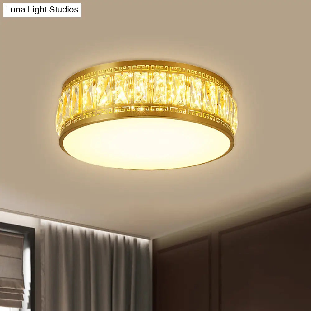 Modern Led Drum Flush Mount Lamp - Gold Finish Rectangular - Cut Crystals 19.5’/23.5’ Width