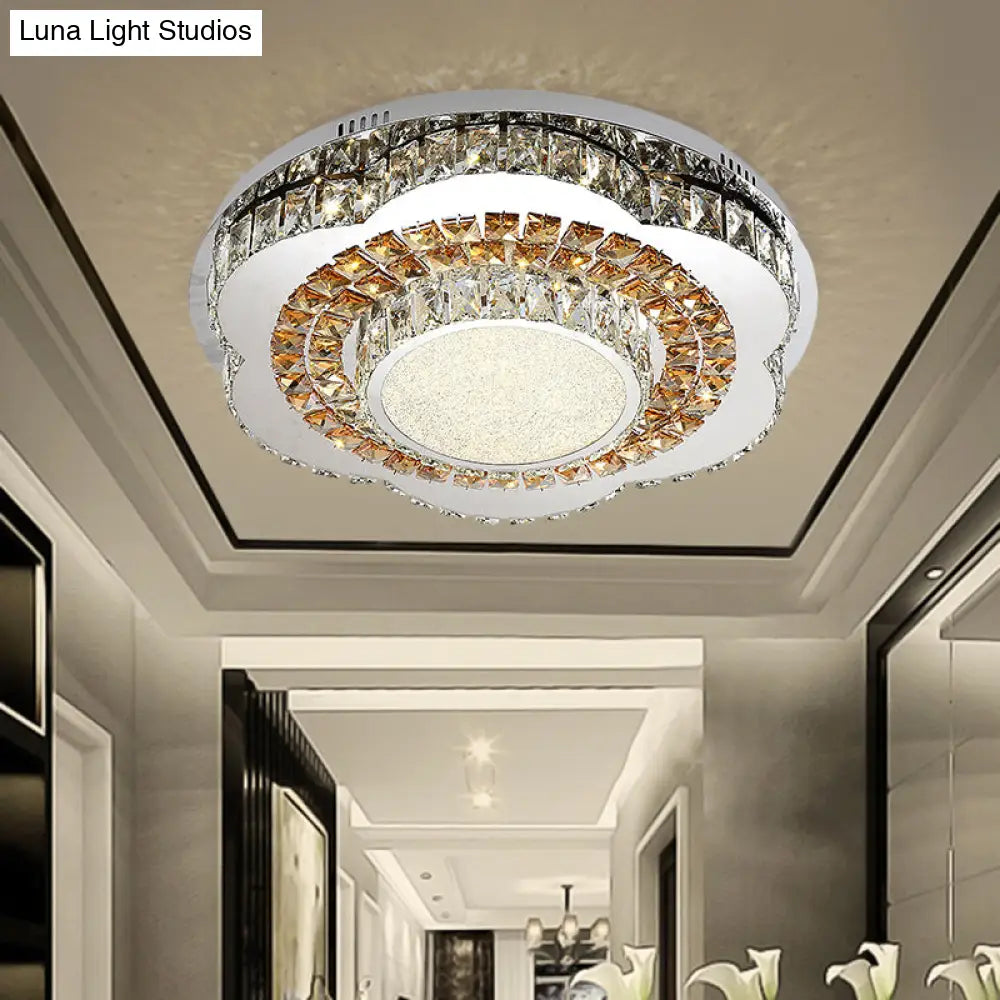 Modern Led Flower - Shaped Crystal Ceiling Mount Fixture In Chrome