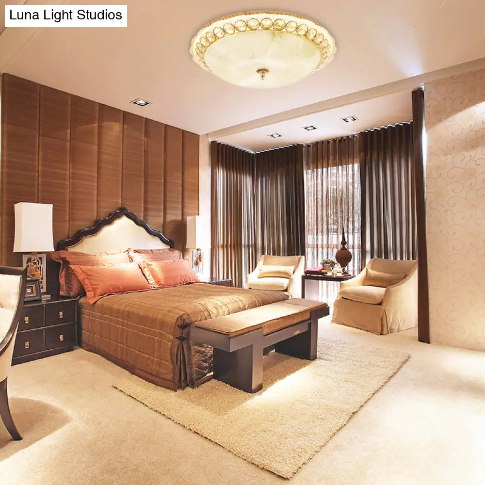 Modern Led Flush Ceiling Light With Textured Glass Bowl Crystal Accent In Gold - 12’/16’ Wide