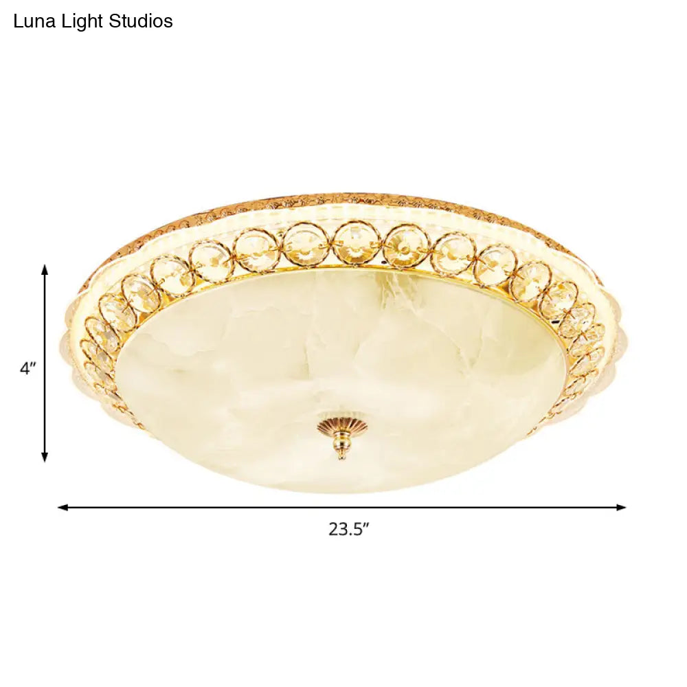 Modern Led Flush Ceiling Light With Textured Glass Bowl Crystal Accent In Gold - 12’/16’ Wide
