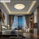 Modern Led Flush Ceiling Light With Textured Glass Bowl Crystal Accent In Gold - 12’/16’ Wide