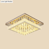 Modern Led Flush Mount Ceiling Light - Chrome Square Frame With Clear Crystal & Waterfall Design
