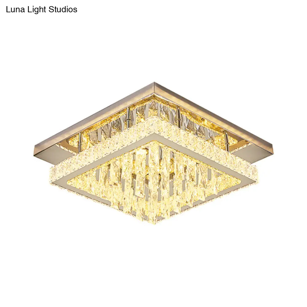 Modern Led Flush Mount Ceiling Light - Chrome Square Frame With Clear Crystal & Waterfall Design