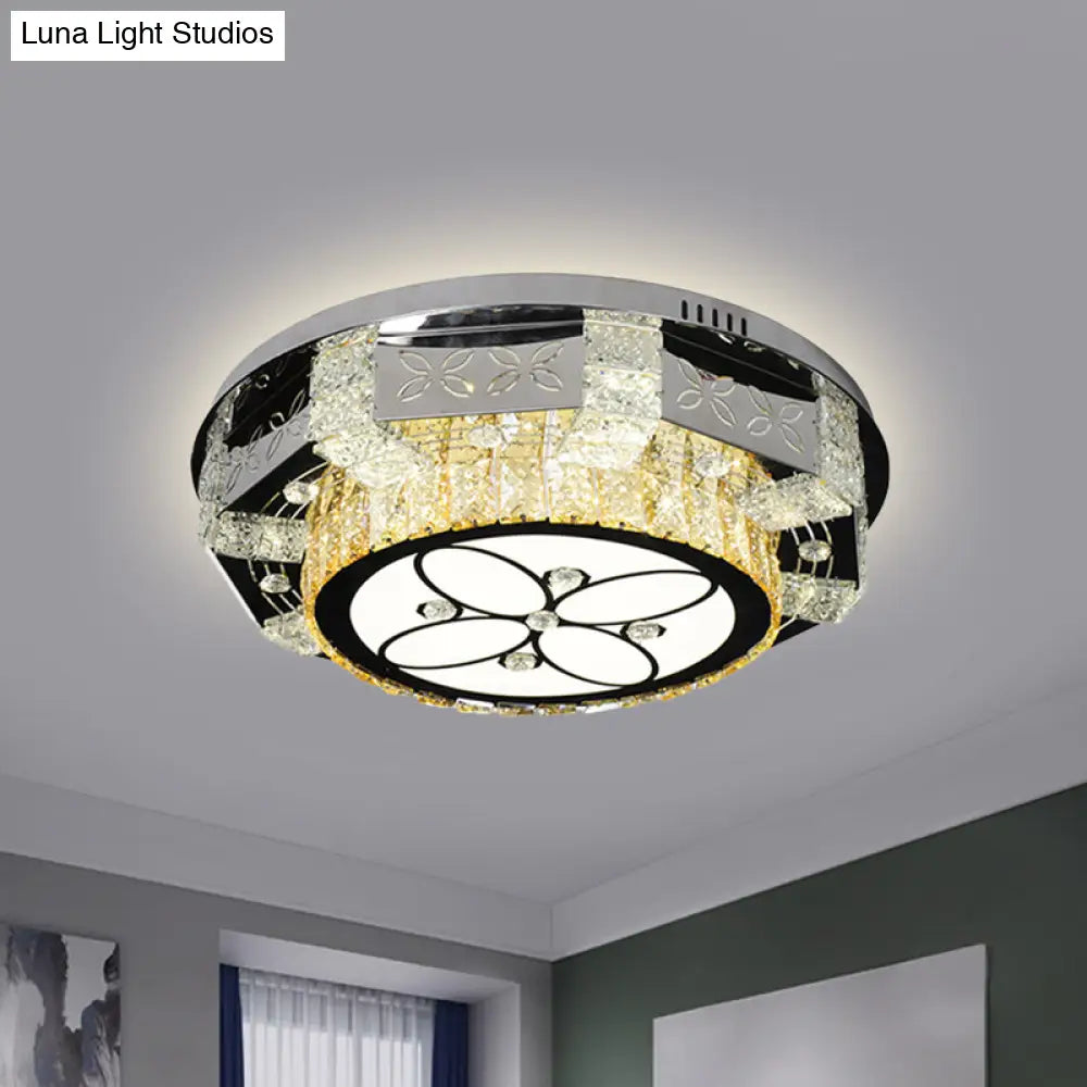 Modern Led Flush Mount Ceiling Light Fixture With Crystal Block Drum Shade In Nickel - Flower/Four