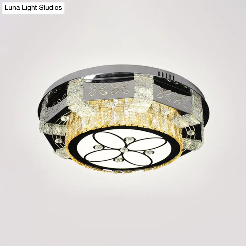 Modern Led Flush Mount Ceiling Light Fixture With Crystal Block Drum Shade In Nickel - Flower/Four