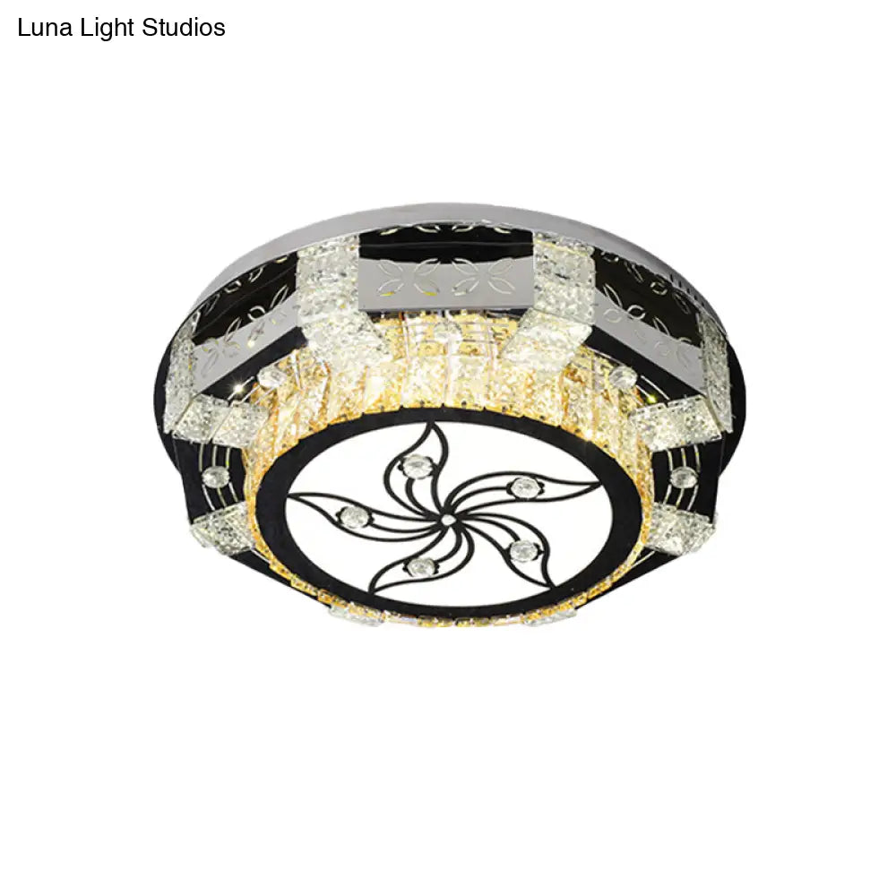 Modern Led Flush Mount Ceiling Light Fixture With Crystal Block Drum Shade In Nickel - Flower/Four