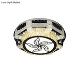 Modern Led Flush Mount Ceiling Light Fixture With Crystal Block Drum Shade In Nickel - Flower/Four