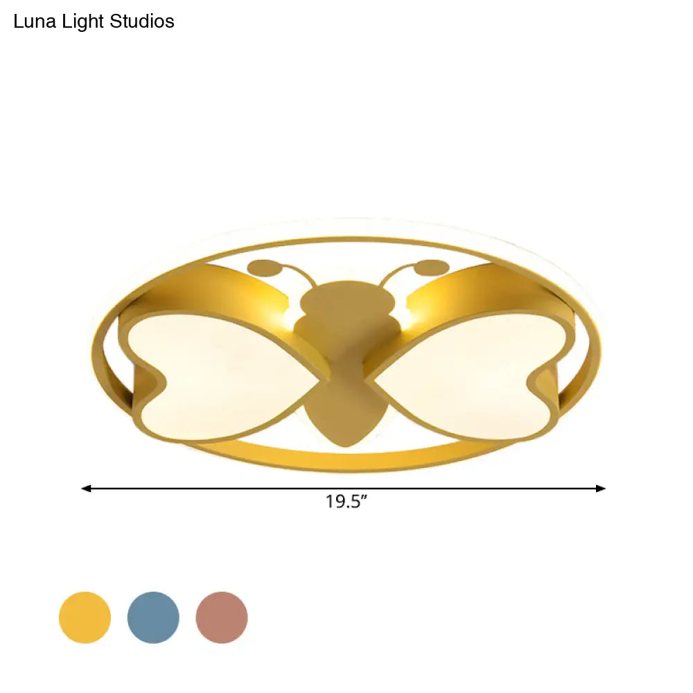 Modern Led Flush Mount Ceiling Light Fixture With Pink/Blue/Gold Bee Figure Design