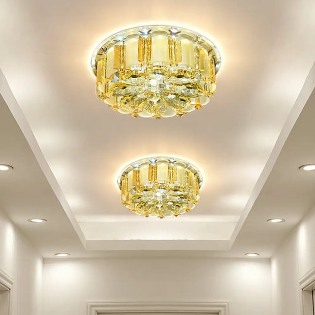 Modern Led Flush Mount Ceiling Light With Amber Crystal Flower Design