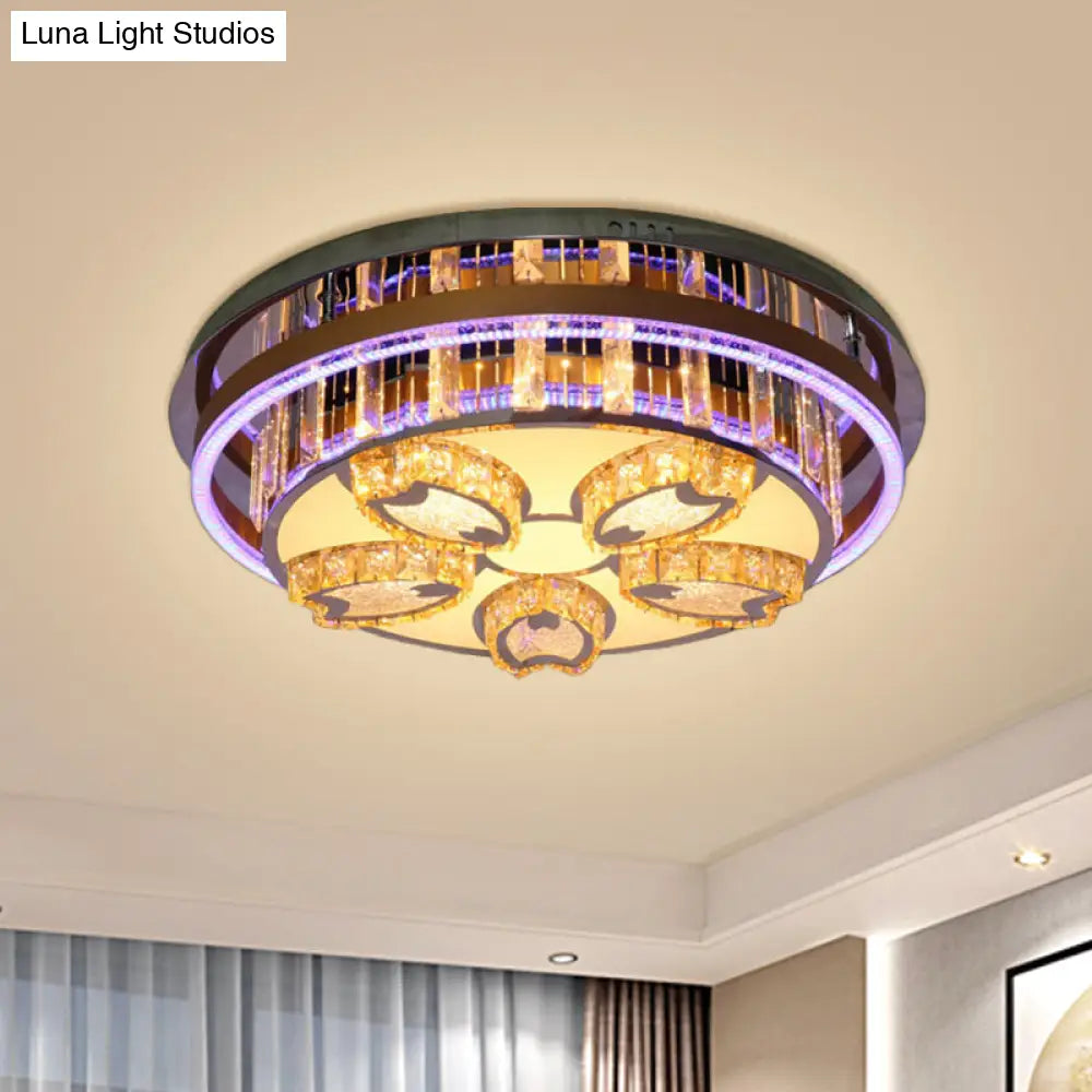 Modern Led Flush Mount Ceiling Light With Stainless - Steel Finish And Clear Crystal Blocks