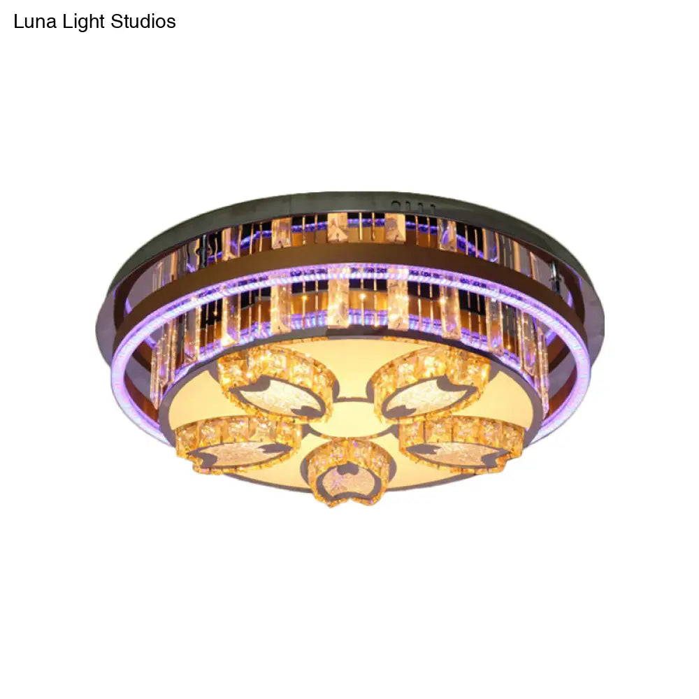 Modern Led Flush Mount Ceiling Light With Stainless - Steel Finish And Clear Crystal Blocks