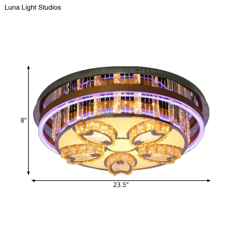 Modern Led Flush Mount Ceiling Light With Stainless - Steel Finish And Clear Crystal Blocks