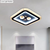 Modern Led Flush Mount Fixture: Black Square/Round Acrylic Lamp With Flower Pattern - Ideal For