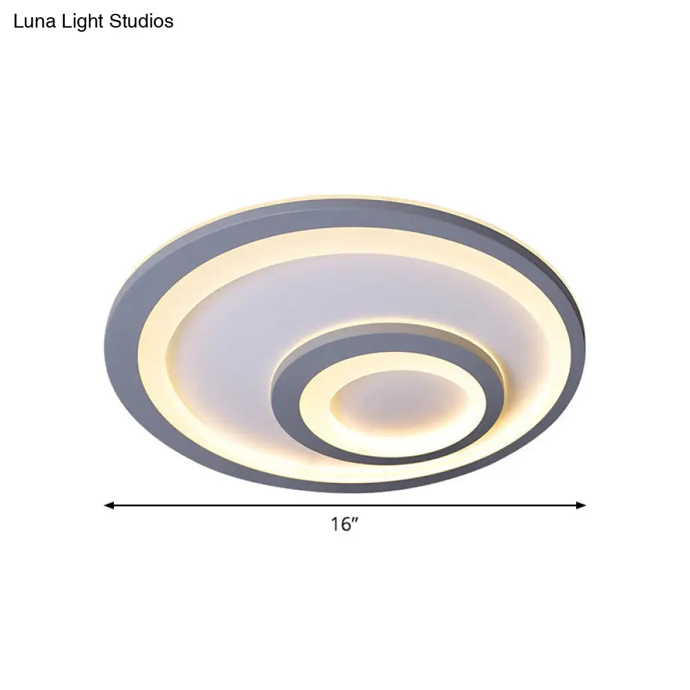 Modern Led Flush Mount Lamp - Sleek Grey Ceiling Light With Round Metal Shade In Warm/White