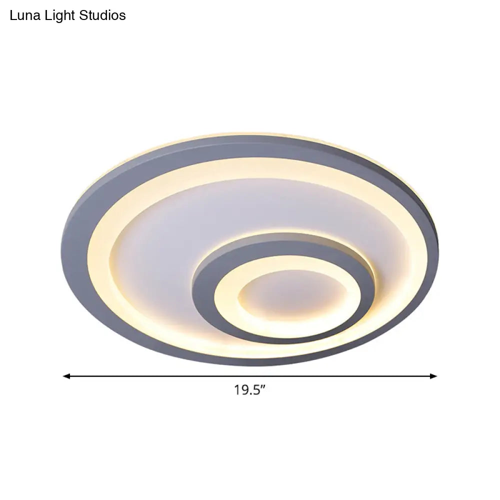 Modern Led Flush Mount Lamp - Sleek Grey Ceiling Light With Round Metal Shade In Warm/White