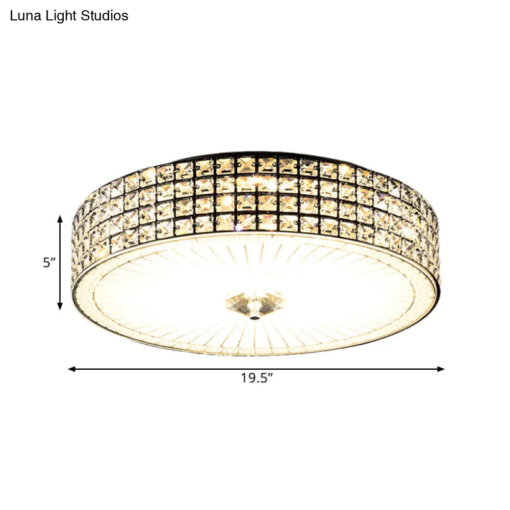 Modern Led Flush Mount Lamp With Clear Crystal Drum Shade - 16’/19.5’ Width Bedchamber Ceiling
