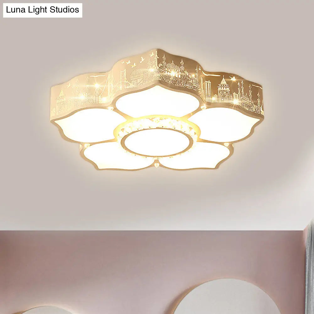 Modern Led Flush Mount Light Fixture For Floral Bedroom In White