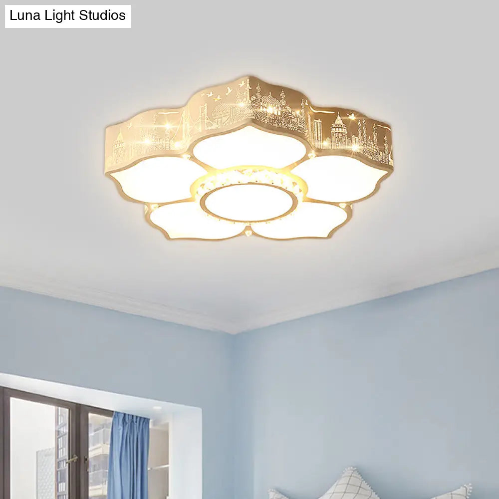 Modern Led Flush Mount Light Fixture For Floral Bedroom In White