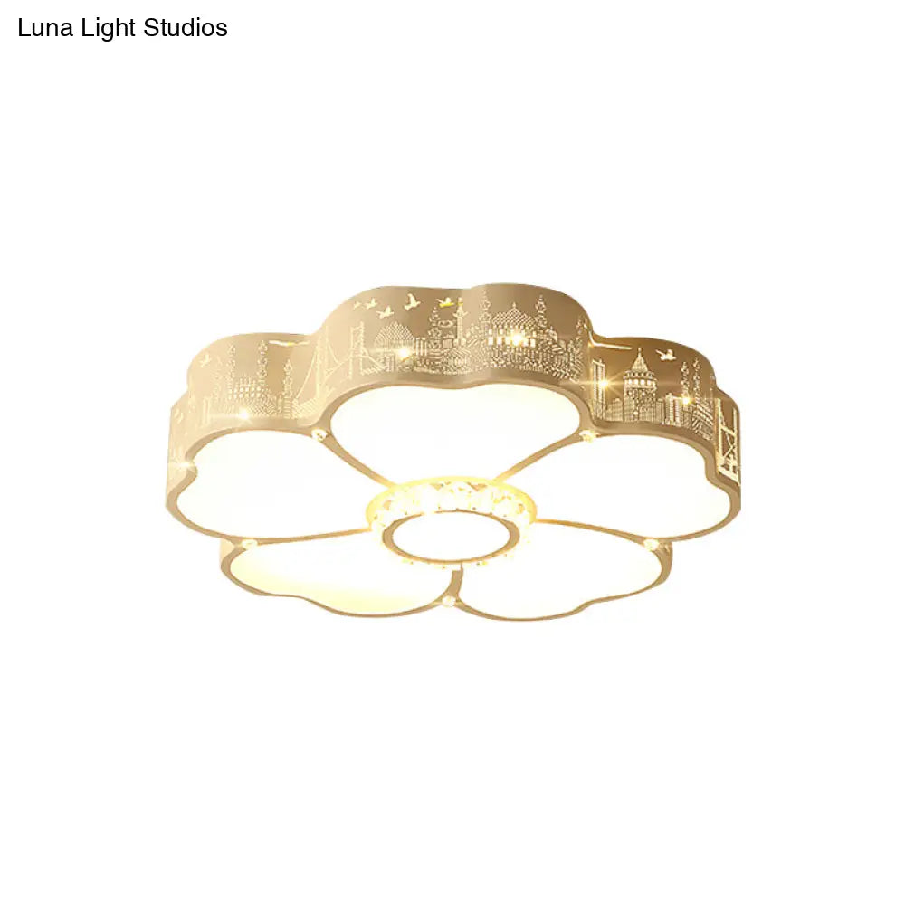 Modern Led Flush Mount Light Fixture For Floral Bedroom In White