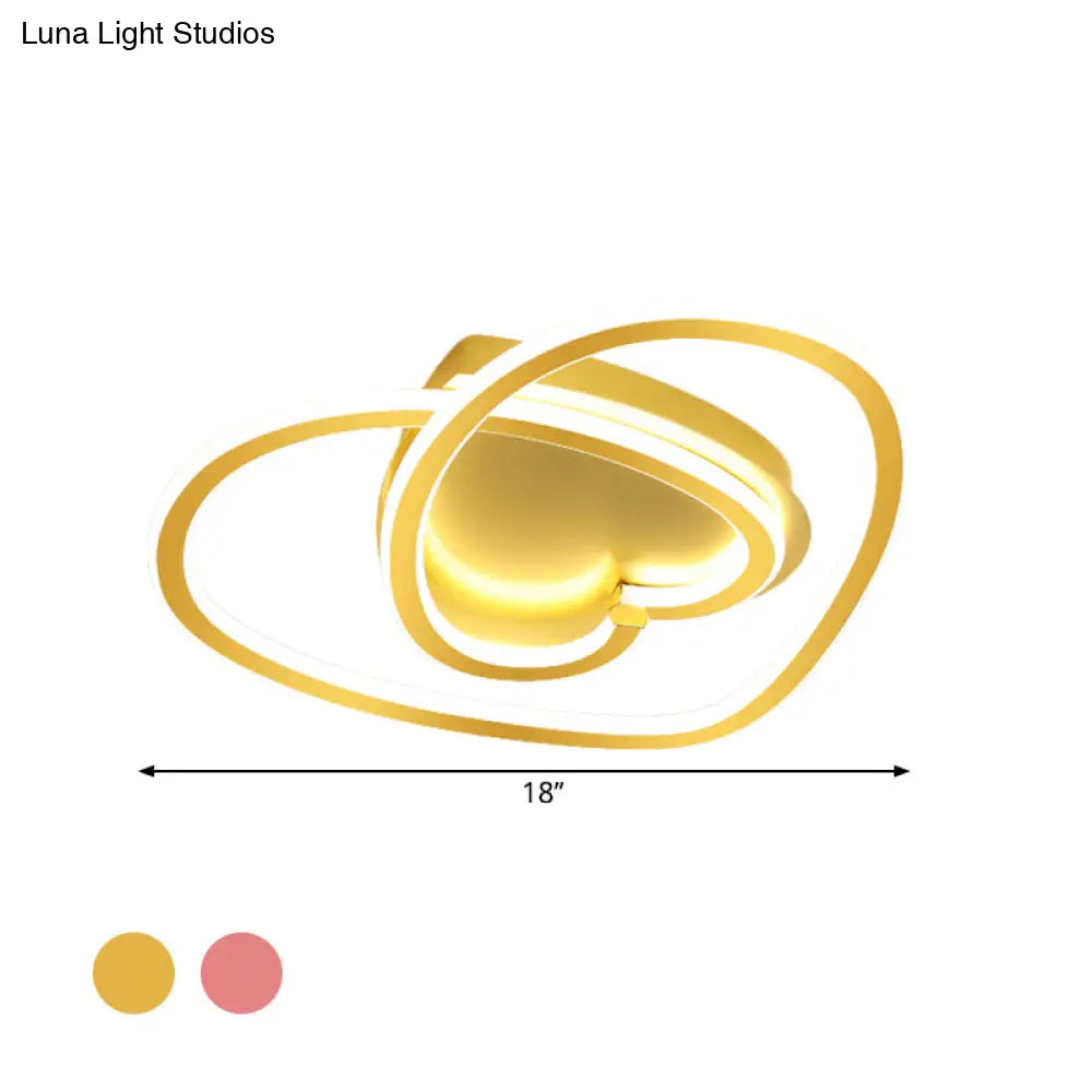 Modern Led Flush Mount Light In Pink/Gold For Bedroom Decor - Loving Heart Design