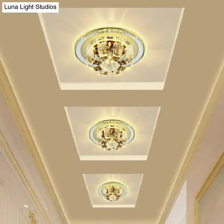 Modern Led Flush Mount Lighting - Chrome Floral Ceiling Light With Crystal Shade