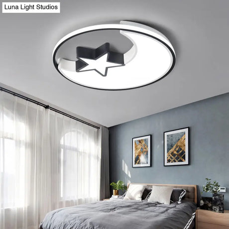 Modern Led Flush Mounted Lamp: Black Crescent And Star Ceiling Light With Acrylic Shade For Kids