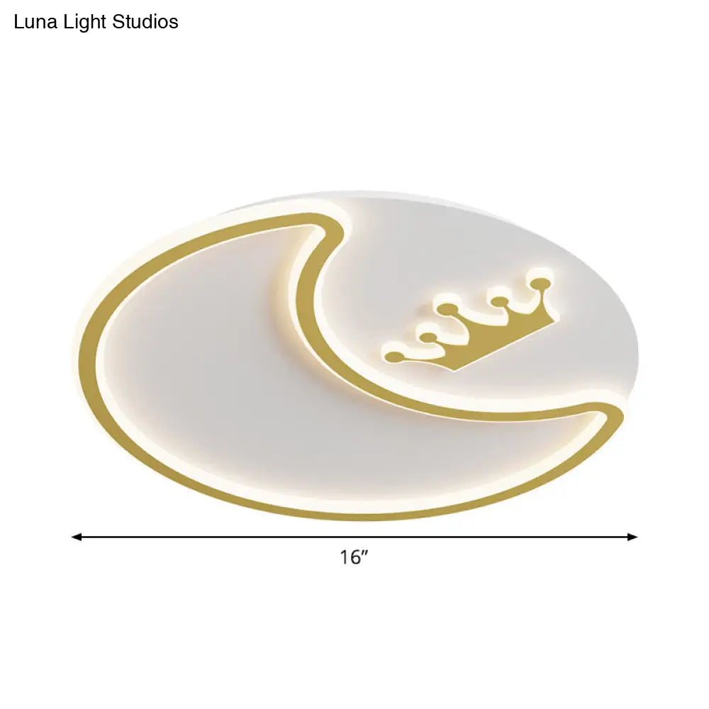 Modern Led Gold Ceiling Fixture - Crescent And Crown Design Flush Mount Light With Acrylic Shade