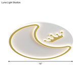 Modern Led Gold Ceiling Fixture - Crescent And Crown Design Flush Mount Light With Acrylic Shade