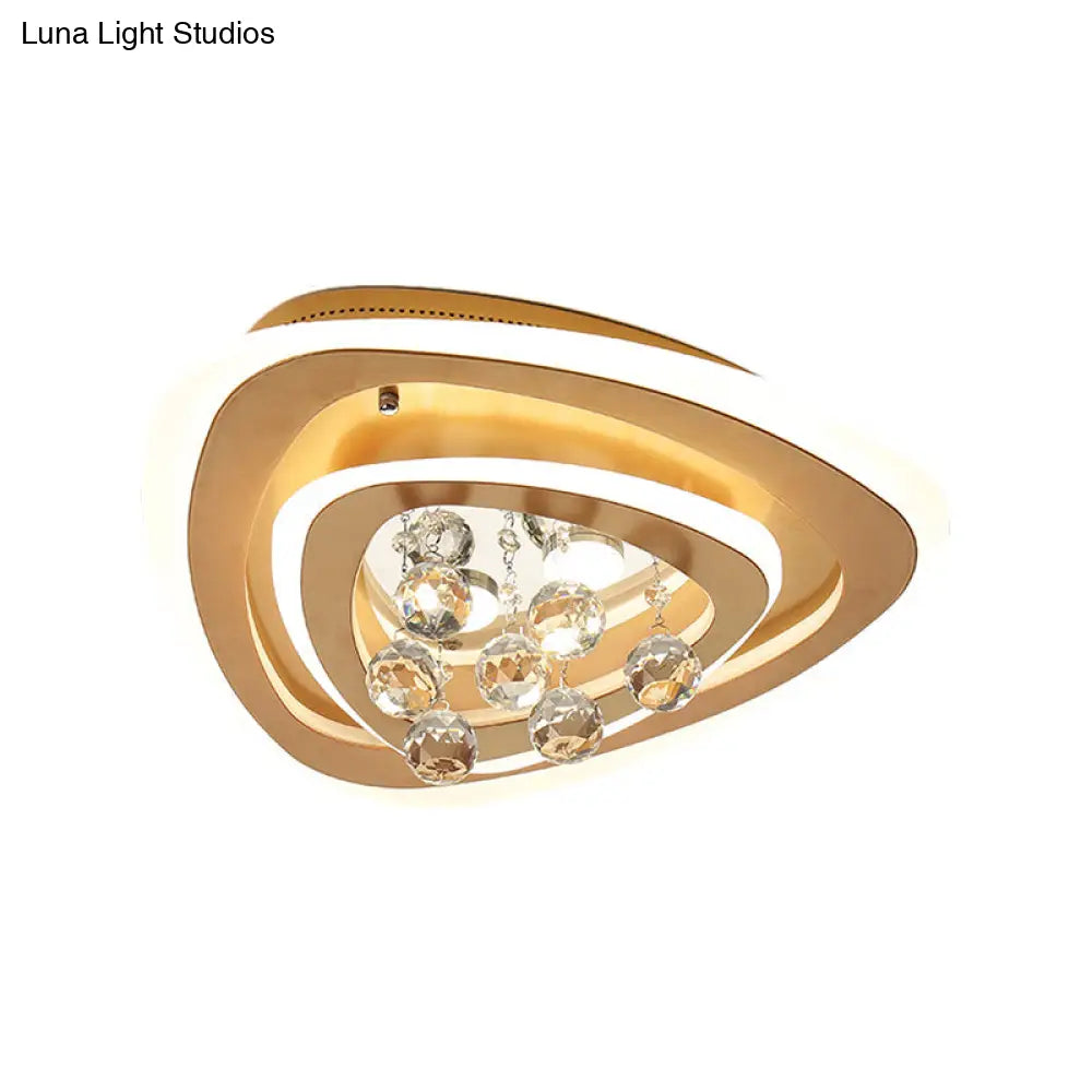 Modern Led Gold Flush Mount Lamp With Crystal Shade - Triangle/Round/Loving Heart Design