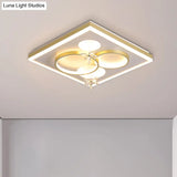 Modern Led Gold Flush Mount Light With Square Metal Frame And Flower Crystal Décor