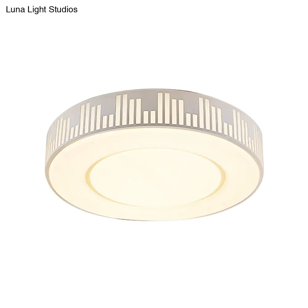 Modern Led Iron Flush Light Fixture - White Drum Ceiling Mount With Piano Key Pattern In